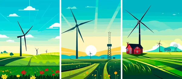 Wind Power Turbines Windmills Vector Illustration Landscape Greenfields Turbines Transforms — Stock Vector