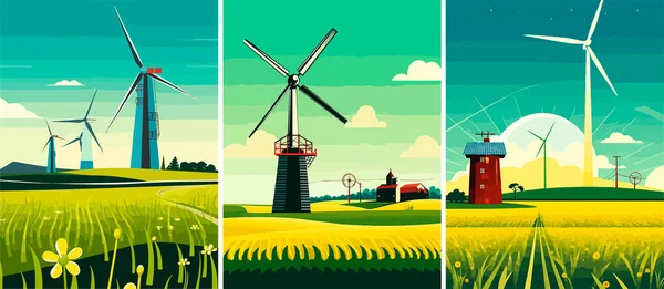 風力タービンと風車ベクトル図 風の運動エネルギーを機械的な力に変換する緑地とタービンを備えた風景 — ストックベクタ