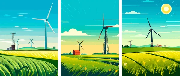 Вітроенергетичні Турбіни Вітряки Векторні Ілюстрації Краєвид Зеленими Полями Турбінами Які — стоковий вектор