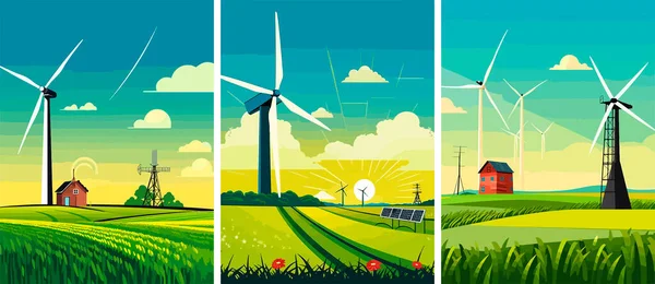 Windenergieanlagen Und Windmühlen Vektor Illustration Eine Landschaft Mit Grünen Feldern — Stockvektor