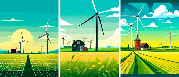 风力涡轮机和风车矢量图 绿地和涡轮机景观 将风中的动能转化为机械动力 — 图库矢量图片