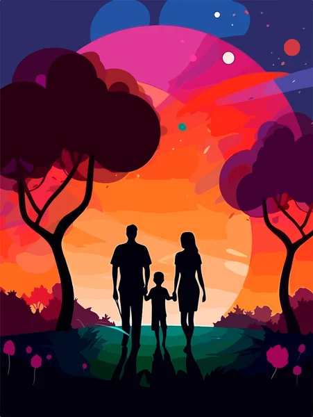 Szczęśliwa Rodzina Spacerująca Parku Plakat Stylu Retro Ilustracja Wektora — Wektor stockowy