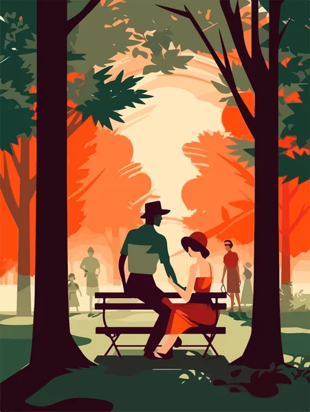Bonne Famille Marchant Dans Parc Affiche Style Rétro Illustration Vectorielle — Image vectorielle