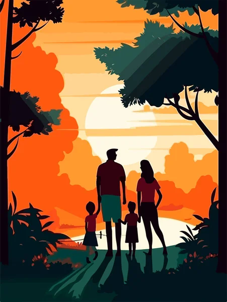 Glückliche Familie Beim Spaziergang Park Plakat Retro Stil Vektorillustration — Stockvektor