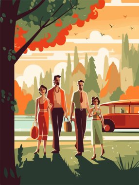 Parkta mutlu bir aile yürüyüşü. Geçmişe dönük bir poster. Vektör illüstrasyonu.