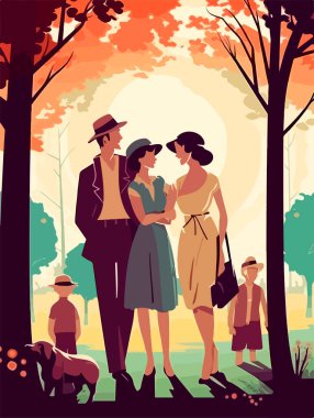 Parkta mutlu bir aile yürüyüşü. Geçmişe dönük bir poster. Vektör illüstrasyonu.