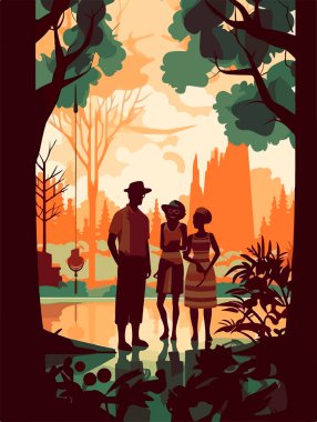 Parkta mutlu bir aile yürüyüşü. Geçmişe dönük bir poster. Vektör illüstrasyonu.