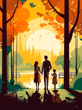 Parkta mutlu bir aile yürüyüşü. Geçmişe dönük bir poster. Vektör illüstrasyonu.