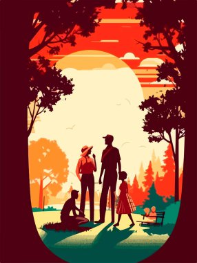 Parkta mutlu bir aile yürüyüşü. Geçmişe dönük bir poster. Vektör illüstrasyonu.