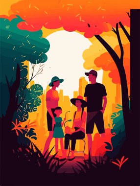 Parkta mutlu bir aile yürüyüşü. Geçmişe dönük bir poster. Vektör illüstrasyonu.