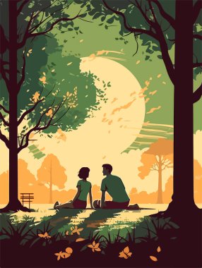 Parkta mutlu bir aile yürüyüşü. Geçmişe dönük bir poster. Vektör illüstrasyonu.