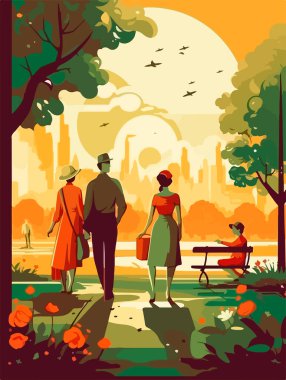 Parkta mutlu bir aile yürüyüşü. Geçmişe dönük bir poster. Vektör illüstrasyonu.