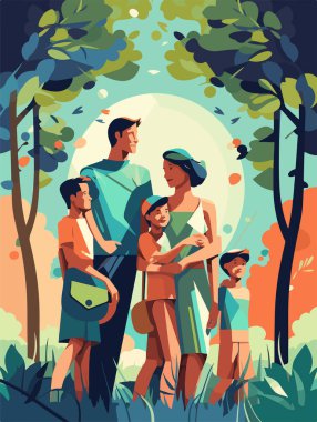Parkta mutlu bir aile yürüyüşü. Geçmişe dönük bir poster. Vektör illüstrasyonu.