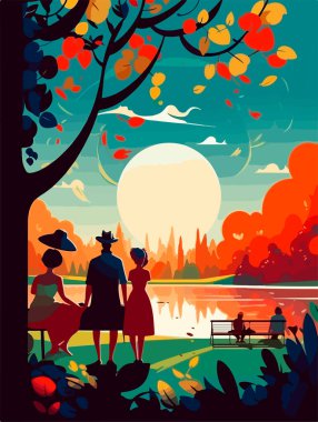 Parkta mutlu bir aile yürüyüşü. Geçmişe dönük bir poster. Vektör illüstrasyonu.