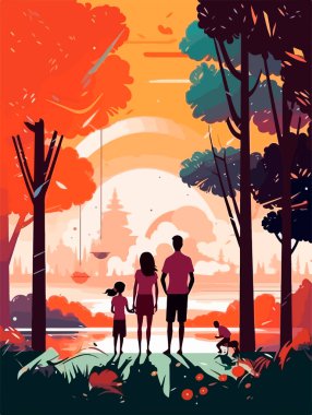 Parkta mutlu bir aile yürüyüşü. Geçmişe dönük bir poster. Vektör illüstrasyonu.