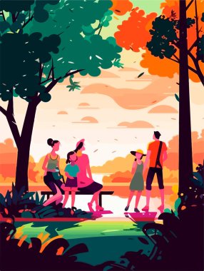 Parkta mutlu bir aile yürüyüşü. Geçmişe dönük bir poster. Vektör illüstrasyonu.