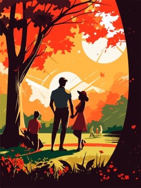 Parkta mutlu bir aile yürüyüşü. Geçmişe dönük bir poster. Vektör illüstrasyonu.