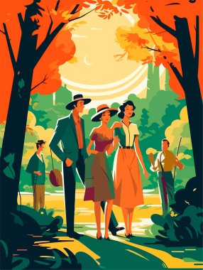Parkta mutlu bir aile yürüyüşü. Geçmişe dönük bir poster. Vektör illüstrasyonu.