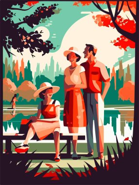 Parkta mutlu bir aile yürüyüşü. Geçmişe dönük bir poster. Vektör illüstrasyonu.