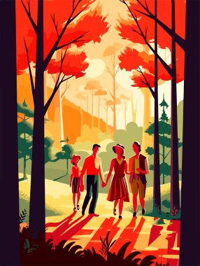 Parkta mutlu bir aile yürüyüşü. Geçmişe dönük bir poster. Vektör illüstrasyonu.