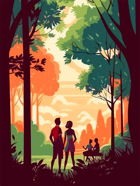 Šťastná Rodinka Procházející Parku Plakát Retro Stylu Vektorová Ilustrace — Stockový vektor