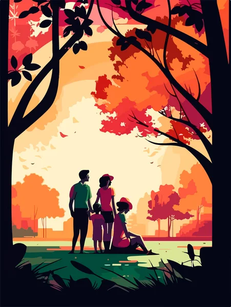 Happy Family Walking Park Poster Retro Style Vector Illustration — Stock Vector