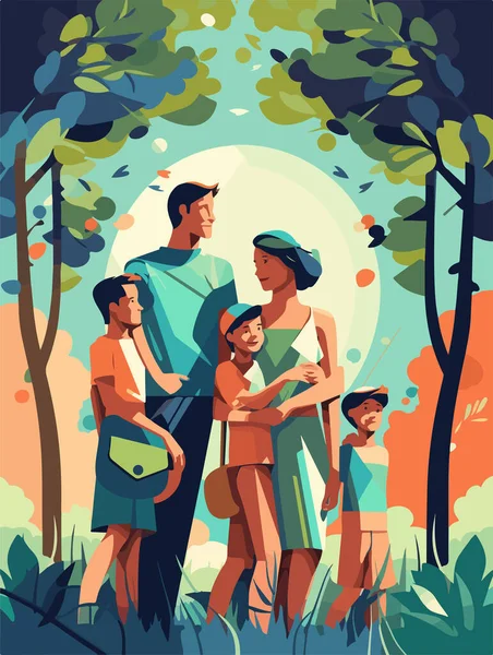 Feliz Familia Caminando Parque Cartel Estilo Retro Ilustración Vectorial — Vector de stock