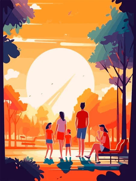 Buona Famiglia Che Cammina Nel Parco Poster Stile Retrò Illustrazione — Vettoriale Stock