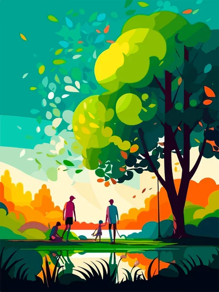 Ευτυχισμένη Οικογένεια Που Περπατάει Στο Πάρκο Αφίσα Ρετρό Στυλ Εικονογράφηση — Διανυσματικό Αρχείο