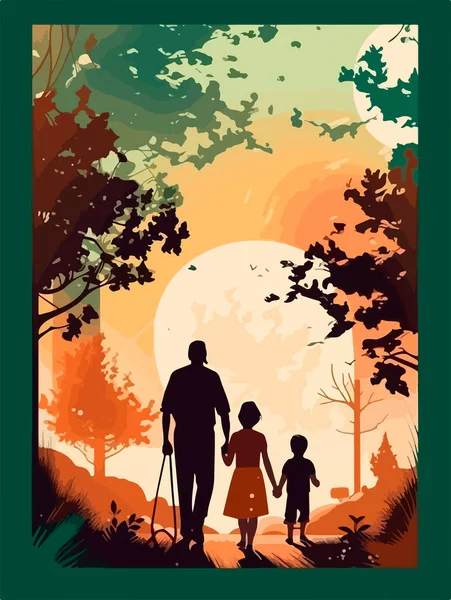 Feliz Familia Caminando Parque Cartel Estilo Retro Ilustración Vectorial — Archivo Imágenes Vectoriales