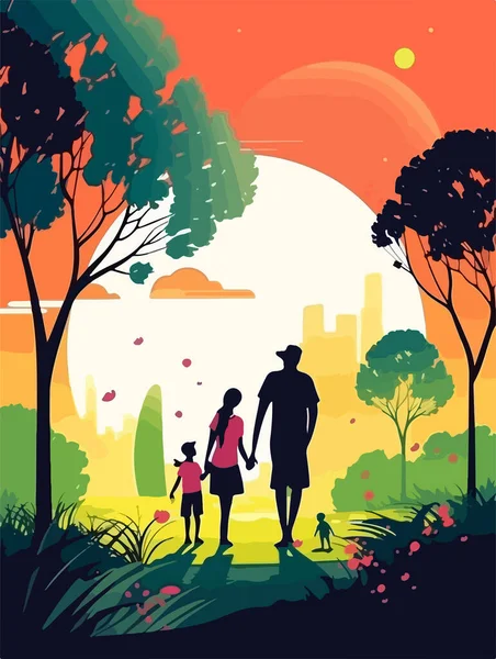 Happy Family Walking Park Poster Retro Style Vector Illustration — Stock Vector