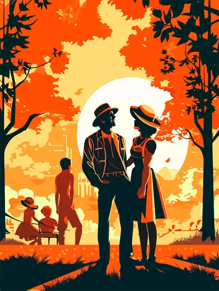 Buona Famiglia Che Cammina Nel Parco Poster Stile Retrò Illustrazione — Vettoriale Stock