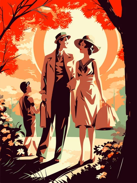 公園を歩く幸せな家族 レトロなスタイルのポスター ベクターイラスト — ストックベクタ