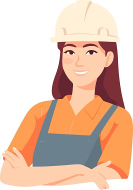 Şapkalı ve üniformalı sevimli genç müteahhit kadın. Vektör illüstrasyonları.