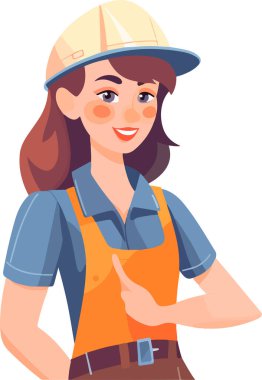Şapkalı ve üniformalı sevimli genç müteahhit kadın. Vektör illüstrasyonları.