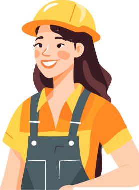 Şapkalı ve üniformalı sevimli genç müteahhit kadın. Vektör illüstrasyonları.