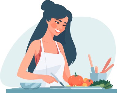 Mutfakta yemek yapan genç bir kadın. Sağlıklı yiyecekler. Sağlıklı yaşam tarzı. Evde yemek pişirmek. vektör çizimleri.