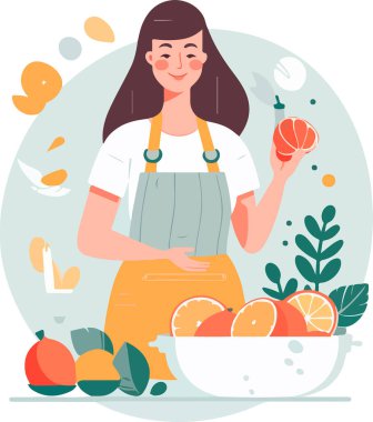 Mutfakta yemek yapan genç bir kadın. Sağlıklı yiyecekler. Sağlıklı yaşam tarzı. Evde yemek pişirmek. vektör çizimleri.