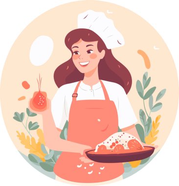 Mutfakta yemek yapan genç bir kadın. Sağlıklı yiyecekler. Sağlıklı yaşam tarzı. Evde yemek pişirmek. vektör çizimleri.