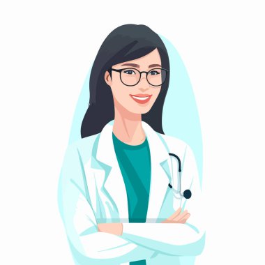 Genç kadın doktorla ince çizgide tıp konsepti. Danışmanlık ve teşhis. Vektör illüstrasyonu