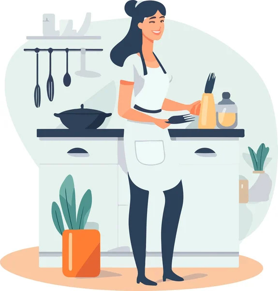 台所で料理をする若い女性 健康食品 健康的なライフスタイル 自宅で料理 ベクターイラスト — ストックベクタ