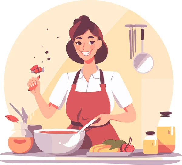 Młoda Kobieta Gotuje Kuchni Zdrowe Jedzenie Zdrowy Styl Życia Gotowanie — Wektor stockowy