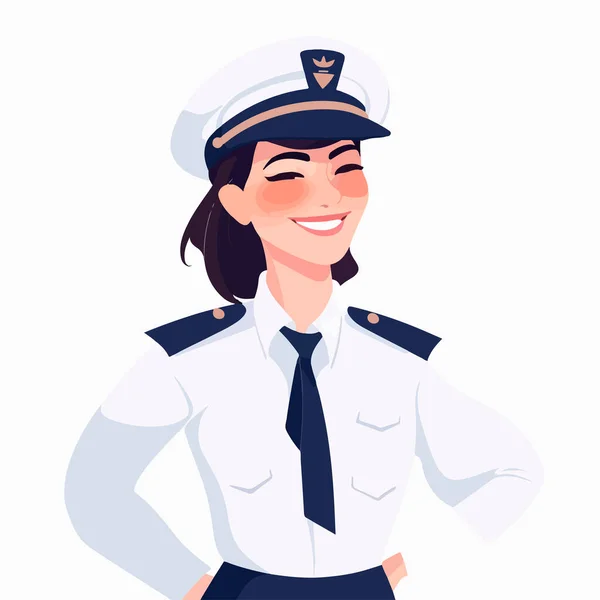 笑顔の若い女性パイロット 旅客機の船長 独立した平面ベクトル設計 — ストックベクタ