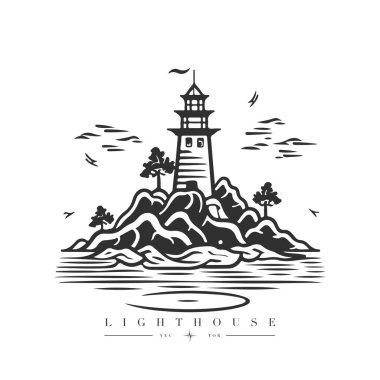 Okyanustaki deniz feneri küçük kayalık ada vektör amblemi üzerinde. Deniz feneri kulesi maskotu.