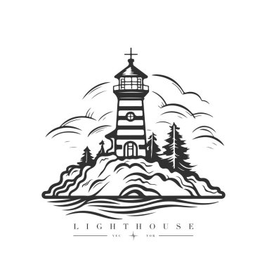 Okyanustaki deniz feneri küçük kayalık ada vektör amblemi üzerinde. Deniz feneri kulesi maskotu.