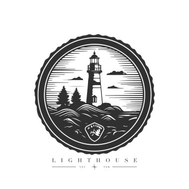 Okyanustaki deniz feneri küçük kayalık ada vektör amblemi üzerinde. Deniz feneri kulesi maskotu.