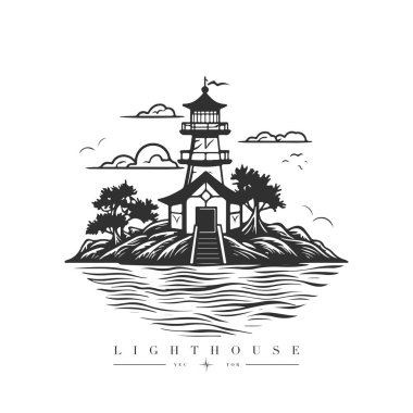Okyanustaki deniz feneri küçük kayalık ada vektör amblemi üzerinde. Deniz feneri kulesi maskotu.