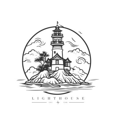 Okyanustaki deniz feneri küçük kayalık ada vektör amblemi üzerinde. Deniz feneri kulesi maskotu.