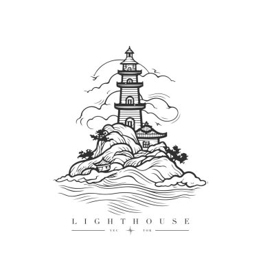 Okyanustaki deniz feneri küçük kayalık ada vektör amblemi üzerinde. Deniz feneri kulesi maskotu.