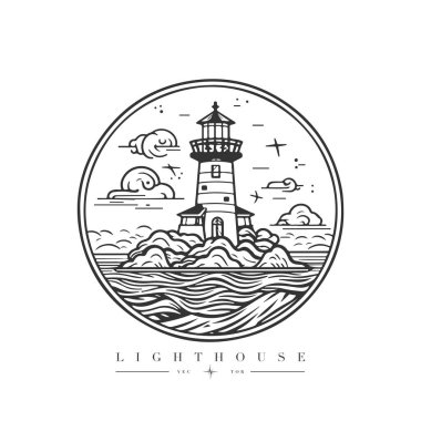 Okyanustaki deniz feneri küçük kayalık ada vektör amblemi üzerinde. Deniz feneri kulesi maskotu.